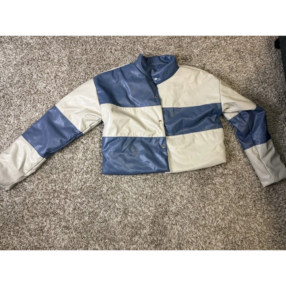 Bailey Rose Faux Leather Colorblock Jacket Blue Cream Snap Front L